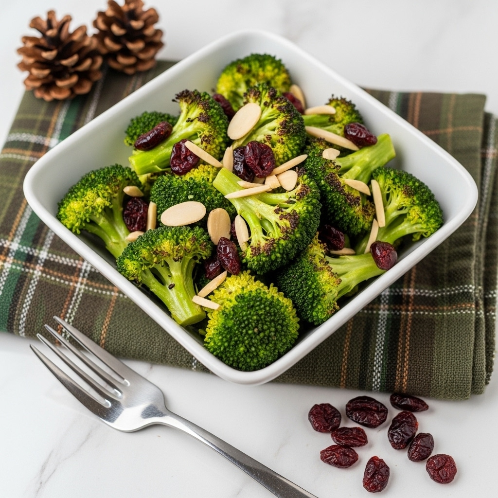 A white square bowl filled with roasted broccoli florets that are bright green with some crisp, dark brown edges, mixed with thin light beige almond slices and small dark red dried cranberries scattered evenly on top and within the broccoli, placed on a plaid cloth with green, brown, and white colors, all set on a white marbled surface. Nearby are two brown pine cones, two red cranberries, and a silver fork resting beside the bowl. Photo taken with an iphone --ar 4:5 --v 7