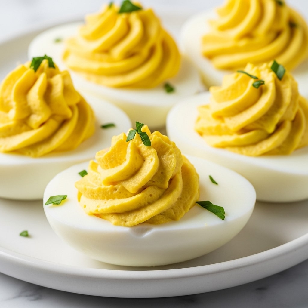 The image shows four deviled eggs placed closely on a dark plate, each with two layers: a smooth, pure white egg white base and a thick, creamy yellow yolk filling on top. The yolk filling is textured with small chunks and is sprinkled with small pieces of green herbs as garnish. The background is a white marbled texture. photo taken with an iphone --ar 4:5 --v 7
