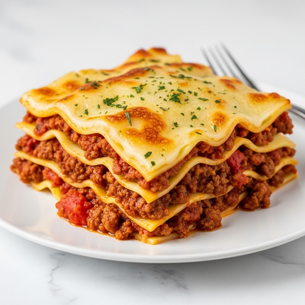 A thick square slice of lasagna sits on a white plate with a shiny silver fork on the top right side. The lasagna shows five distinct layers, starting from the bottom with a light yellow pasta sheet, followed by a thick layer of rich brown meat sauce mixed with red tomato chunks and a creamy texture. This sequence repeats with another pasta layer, meat sauce, and is topped with a melted cheese layer that is bubbly white with golden brown spots, sprinkled lightly with tiny green herb bits. The edges of the lasagna show some sauce seepage, adding a glossy, juicy look. The background has a white marbled texture. photo taken with an iphone --ar 4:5 --v 7