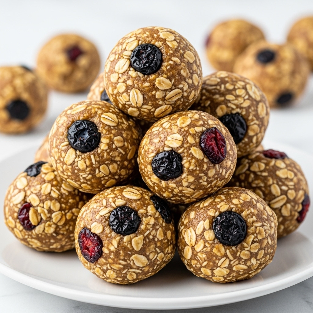 A white plate holds a small pile of round energy balls made mostly of oats, with visible pieces of dried fruit such as cranberries or blueberries mixed in, giving small dark red and blue spots on the light tan surface. The oats are large and flaky, and the balls have a rough, bumpy texture. In the background, three more of these energy balls rest slightly out of focus on a white marbled surface. The lighting is soft and natural, highlighting the uneven shapes and the dry, crumbly look of the oats. photo taken with an iphone --ar 4:5 --v 7