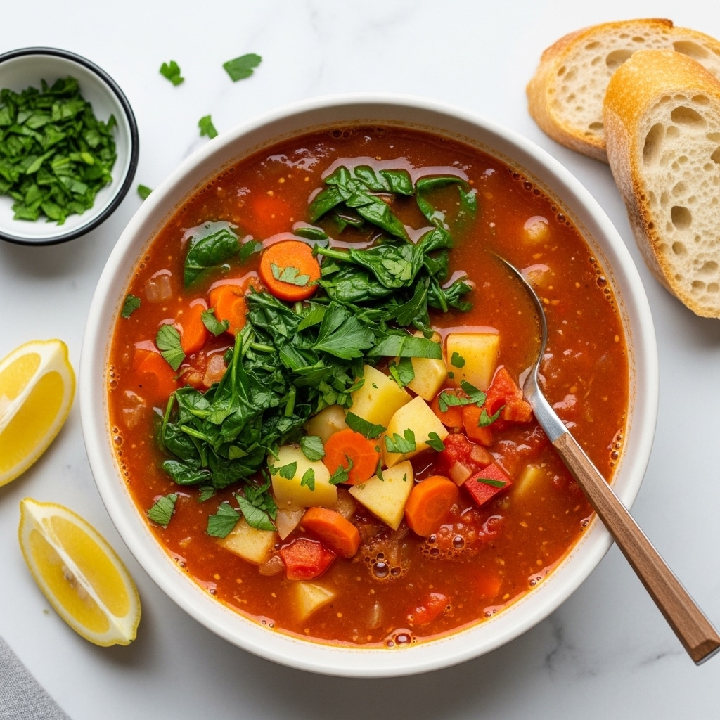 A white bowl filled with a colorful vegetable soup on a white marbled surface, showing three main layers: a clear red broth base, diced orange carrots and red tomatoes mixed with chopped green spinach leaves scattered throughout, and small chunks of pale yellow potatoes on top; a white and brown spoon rests inside the soup with its handle extending over the edge of the bowl. To the upper left of the bowl, a small white dish with chopped green herbs is visible, and next to it are two lemon wedges with pale yellow flesh. To the upper right, there are three thick slices of crusty bread with a golden brown crust and soft, airy white interior. photo taken with an iphone --ar 4:5 --v 7