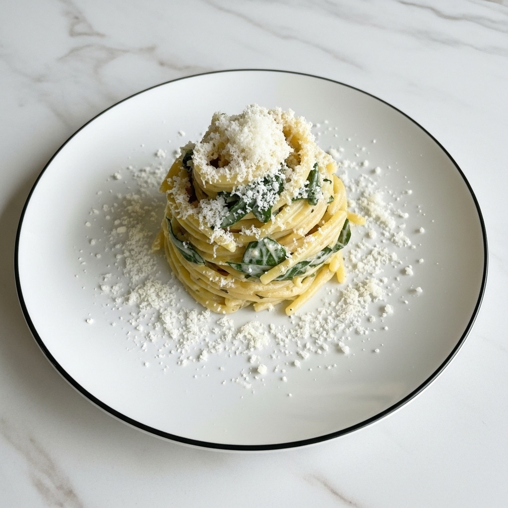 A round white plate with a dark rim holds a mound of creamy pasta in the center, the pasta is coated with a white sauce mixed with small pieces of green leafy herbs scattered throughout. The top of the pasta is sprinkled with finely grated white cheese, some of it falling around the plate. The plate rests on a white marbled surface that adds subtle texture to the background. photo taken with an iphone --ar 4:5 --v 7