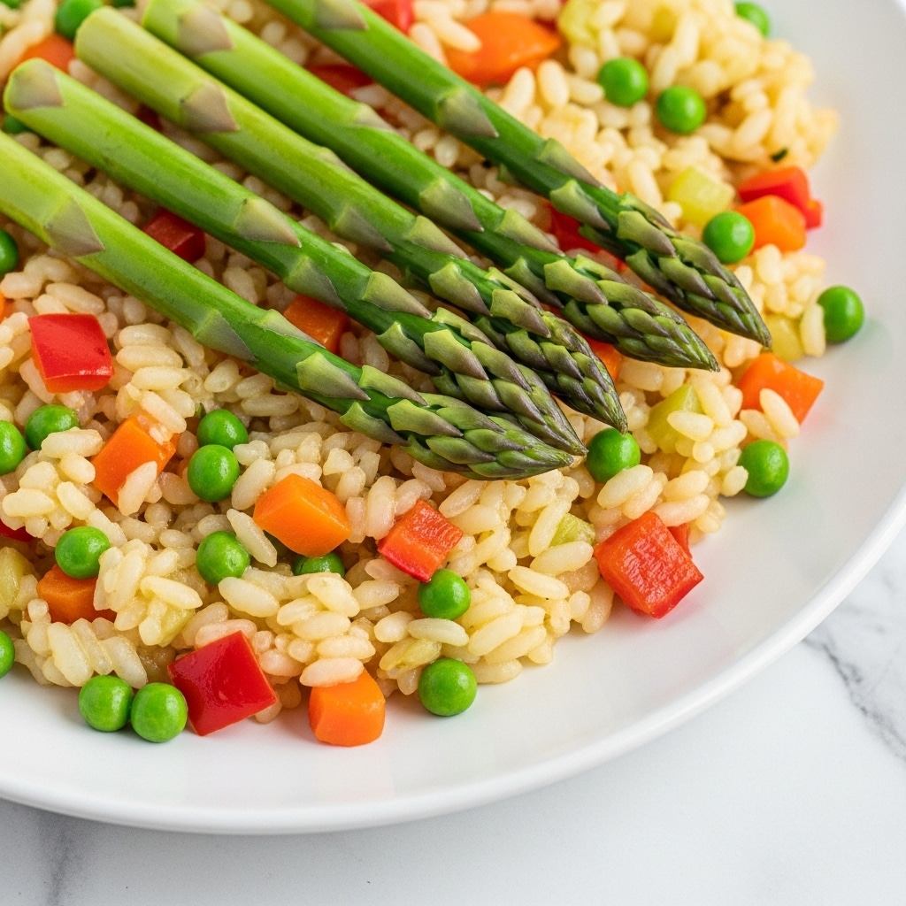 The dish shows a close-up of a creamy risotto mixed with bright green peas, visible red and orange bell pepper bits, small pieces of zucchini, and several whole green asparagus spears layered on top. The risotto rice is soft and glossy, covering the base with a pale yellow color, while the vegetables add vibrant pops of green, red, and orange scattered evenly through the dish. The food is served on a white plate placed on a white marbled texture, highlighting the colors of the risotto and vegetables. photo taken with an iphone --ar 4:5 --v 7