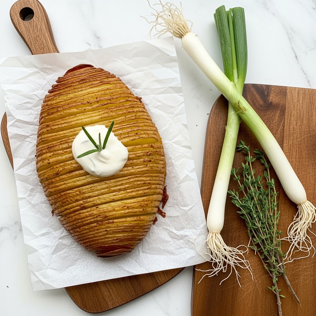 Two roasted Hasselback potatoes sit on crumpled parchment paper on a wooden cutting board. Each potato is sliced thinly into many layers, with a golden brown crispy texture between the cuts. One potato is topped with a dollop of white sour cream and a small sprig of fresh green rosemary, while small dark herb pieces are tucked between potato slices. Two white spring onions rest next to the potatoes on the board. A few fresh green thyme sprigs lie diagonally across the lower left corner of the board. The setting is on a white marbled surface. photo taken with an iphone --ar 4:5 --v 7