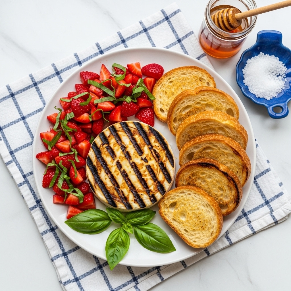 The dish shows a round grilled cheese wheel with dark brown grill marks on top and cream-colored cheese underneath. On top of the cheese, there is a layer of bright red diced strawberries mixed with chopped green basil leaves, creating a fresh and colorful topping. To the right of the cheese, there are five slices of golden toasted bread arranged in a slightly overlapping line. A few fresh green basil leaves rest near the bread on the plate. The food is served on a white plate with a gray rim, placed on a white marbled surface with a white and blue checkered cloth underneath. A small glass jar of golden honey and a wooden honey dipper are nearby. Photo taken with an iphone --ar 4:5 --v 7