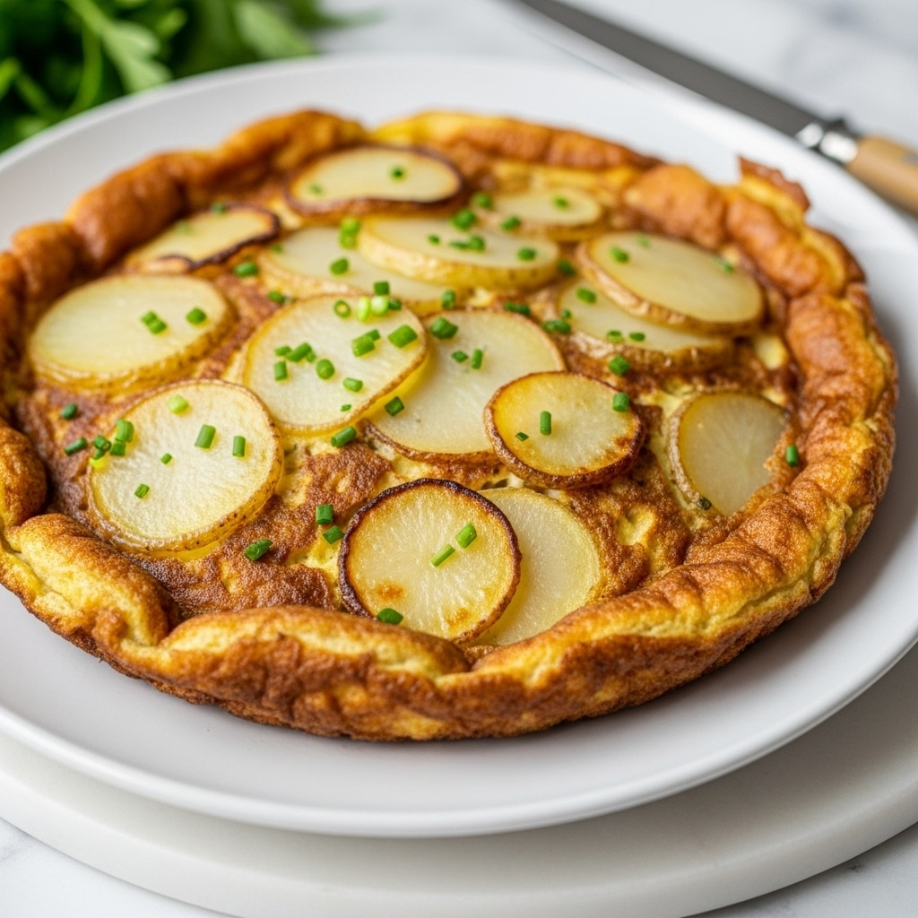 A thick, crispy potato omelet with a golden brown, slightly bubbled egg layer forming the base, topped with thin, browned potato slices scattered all over, some with darker, crispier edges. Bright green chopped scallions are sprinkled generically on top, adding a fresh pop of color. The omelet sits on a white plate which contrasts with the food, all placed on a white marbled texture. The edges of the omelet show a rough, cooked texture with some charred bits, especially visible on the right side. Photo taken with an iphone --ar 4:5 --v 7