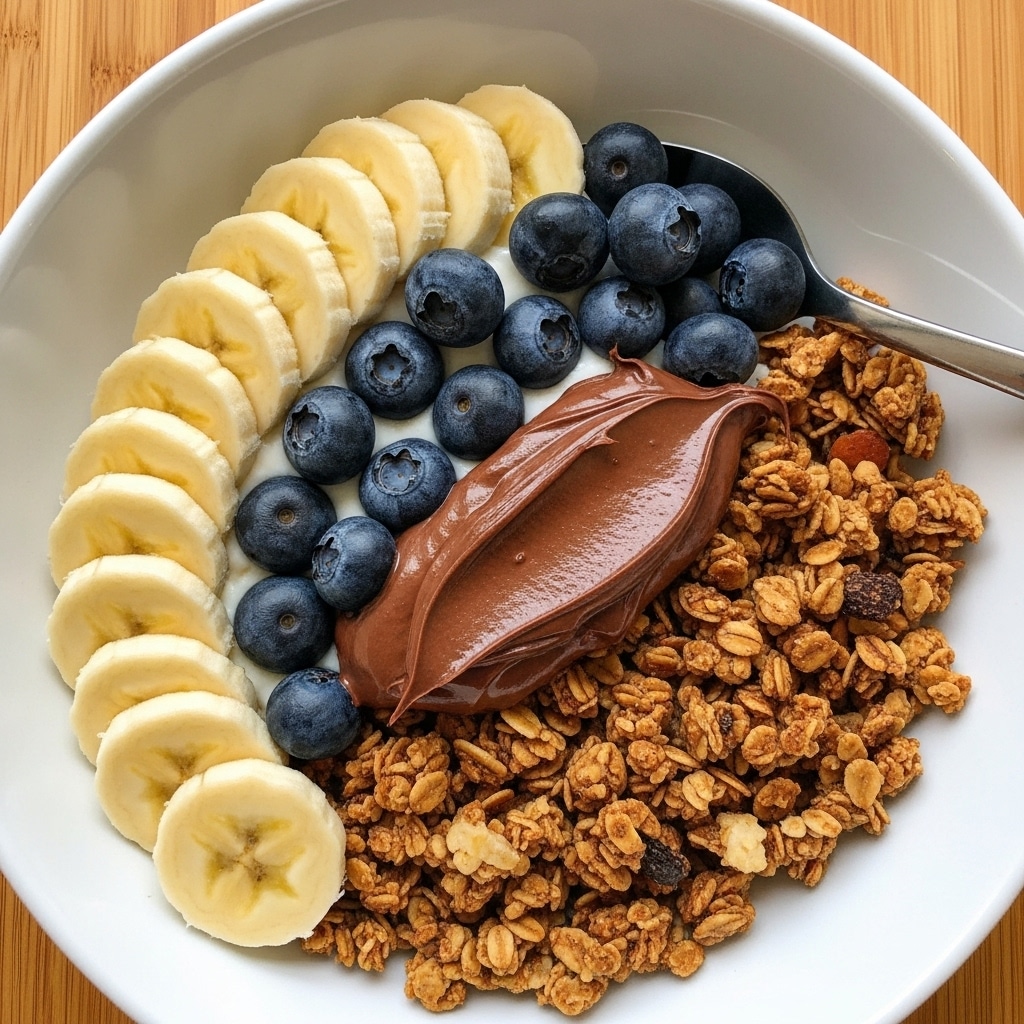 A white bowl contains a layered healthy breakfast dish on a white marbled surface. The bottom layer is a bed of brown granola mixed with nuts spread evenly across one half of the bowl. On top of the granola, in the center, is a dollop of smooth, dark brown nut butter with a rich texture. Above the nut butter, a small cluster of dark blue blueberries is arranged neatly. The other half of the bowl is lined with five thick, round banana slices, pale yellow with soft brown spots. To the right side of the bowl, a silver spoon rests on the wooden surface. Photo taken with an iphone --ar 4:5 --v 7