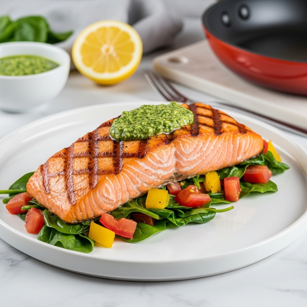 The image shows a thick piece of cooked salmon with light grill marks on the top. It sits on a bed of mixed vegetables that appear soft and have different colors like green, yellow, and red. The salmon is topped with a small pile of green sauce. The dish is on a white plate placed on a white marbled surface. In the background, there is a blurred lemon half, a small bowl of green sauce, and a red pan. photo taken with an iphone --ar 4:5 --v 7