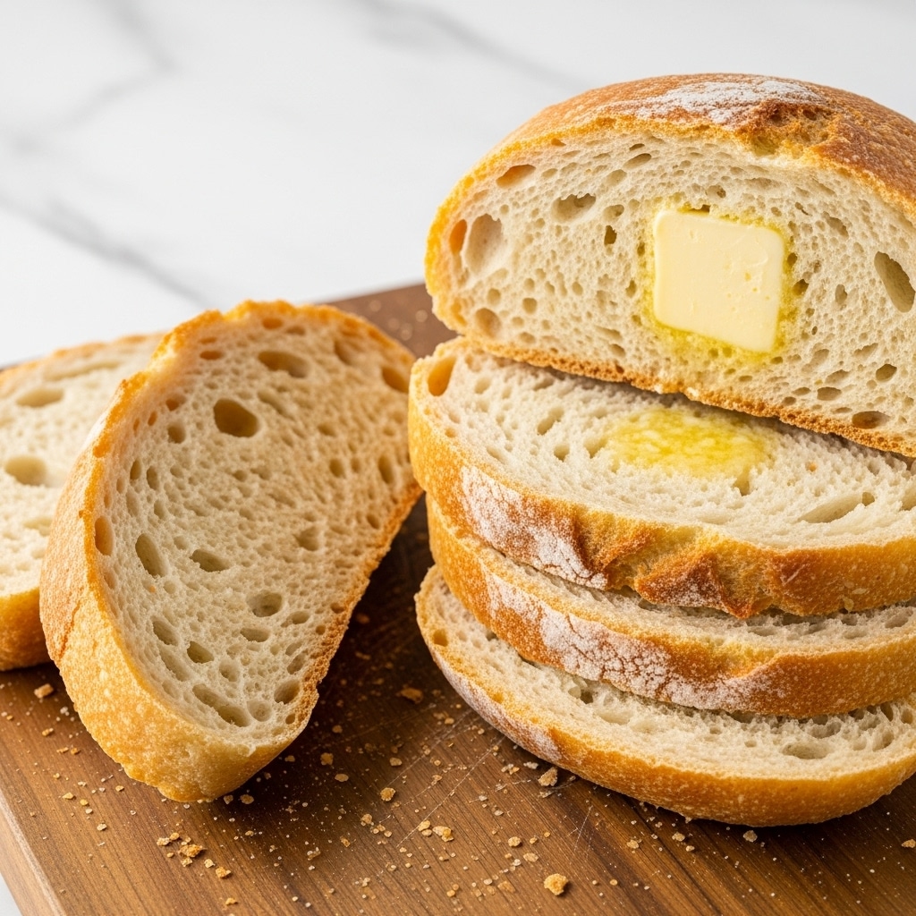 The image shows a stack of four slices of light golden-brown bread with a soft, airy texture and visible holes. On top of the stack, there is a small square of pale yellow butter starting to melt. Around the stack, several other bread slices are scattered, showing the rustic, uneven crust and soft interior. The bread is placed on a wooden board with crumbs scattered nearby, all set against a white marbled background. photo taken with an iphone --ar 4:5 --v 7