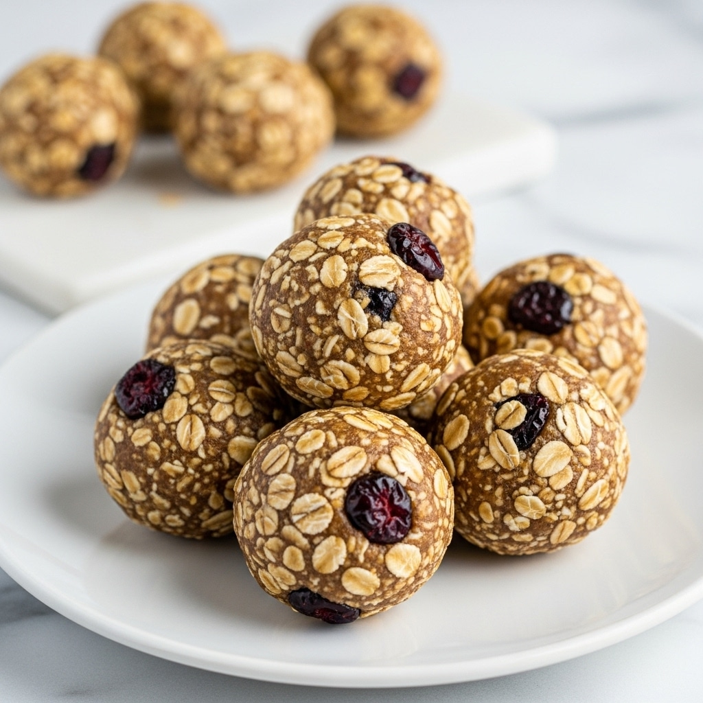 A white plate is filled with a pile of round oatmeal energy balls, about ten in total, stacked in a small mound. Each ball has a rough, textured surface showing visible oats mixed with small bits of dried fruits like blueberries and cranberries, giving spots of dark red and deep blue colors throughout. The balls have a light tan color from the oats and peanut butter binding, with a slightly crumbly appearance. Few more energy balls are blurred out in the white marbled surface background. photo taken with an iphone --ar 4:5 --v 7