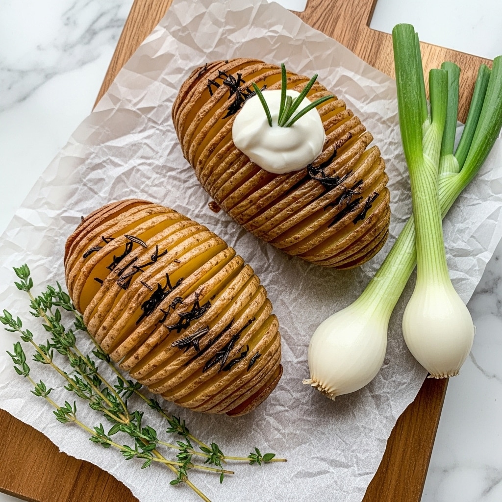 A golden brown sliced potato is fanned out in about 15 thin layers, with a creamy white sauce dolloped on top and a small green rosemary sprig as garnish. The potato is placed on white parchment paper on a wooden cutting board. To the side, two long white spring onions with light brown roots lie next to the potato, and fresh green thyme sprigs rest on another wooden board nearby. The whole scene is set on a white marbled background. photo taken with an iphone --ar 4:5 --v 7