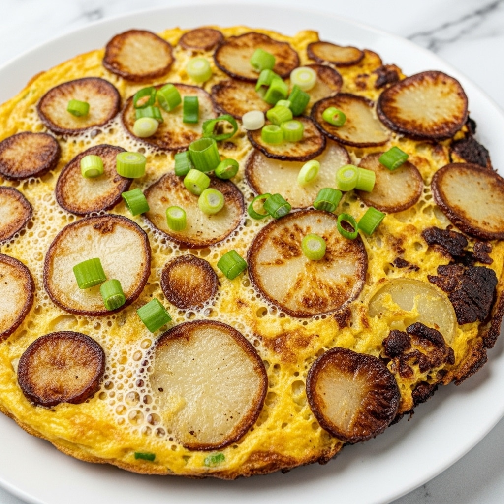 A golden brown potato omelet sits on a white plate, showing a rough and crispy texture on the outer edge with some darker, almost burnt spots. Thin slices of lightly browned potatoes are layered unevenly on top and slightly poking through the omelet. Small green chopped chives are scattered over the top, adding a touch of bright color. The plate rests on a white marbled surface with a knife nearby, and some green herbs are slightly blurred in the background. The overall look is rustic and hearty, with warm colors and a home-cooked feel. photo taken with an iphone --ar 4:5 --v 7