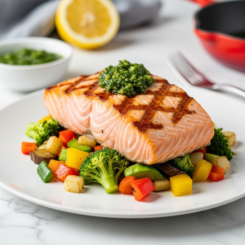 A large piece of cooked salmon with a pink-orange color and grill marks sits on top of a bed of mixed vegetables that include green spinach leaves, yellow pieces, and red tomato chunks, all arranged neatly on a round white plate. The salmon is topped with a dollop of green sauce or pesto, adding texture and a fresh look on the shiny surface of the fish. The plate is placed on a white marbled surface, and in the background, a half-cut lemon, a white bowl with green sauce, and a red and black pan are slightly out of focus. photo taken with an iphone --ar 4:5 --v 7