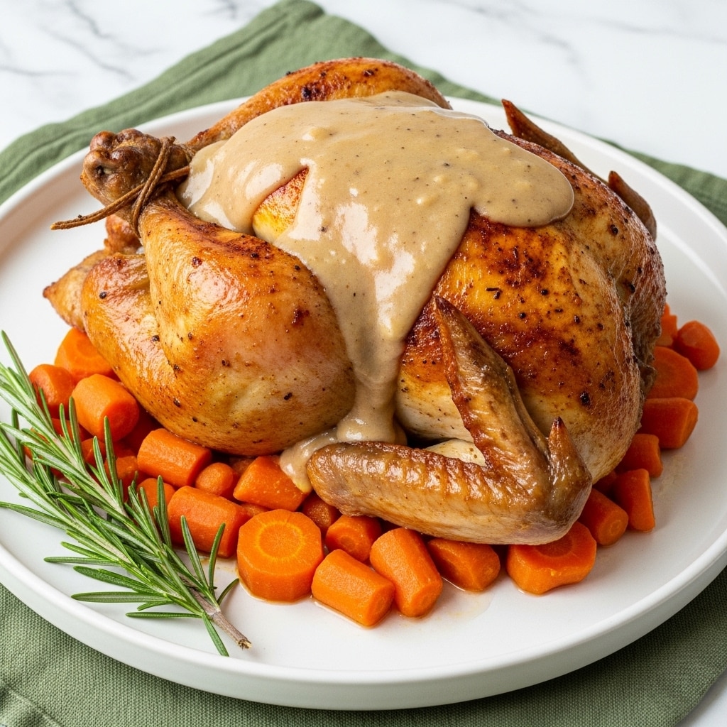 A whole roasted chicken with crispy golden-brown skin sits on a white plate, placed on a white marbled surface. The chicken is topped with a light brown gravy that drips down its sides. Underneath the chicken, there are thick orange carrot slices scattered around, adding a pop of color. To one side of the plate, there is a sprig of fresh green rosemary. The plate is resting on a green checkered cloth. photo taken with an iphone --ar 4:5 --v 7