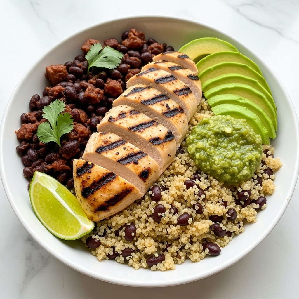A white bowl filled with a base layer of light beige quinoa mixed with small black beans, topped with a middle layer of dark reddish-brown beans and finely chopped vegetables. On top, neatly sliced grilled chicken breast with visible char marks and a golden-brown color is placed in the center. To the right of the chicken, there are three green avocado slices arranged in a fan shape. Two dollops of thick green salsa are positioned on the quinoa—one near the bottom left and the other near the avocado. Bright green cilantro leaves are scattered on the chicken and quinoa for garnish. A quarter of a fresh lime with a bright green peel and juicy interior sits on the bottom right edge of the bowl. The bowl is set on a white marbled surface next to a fork resting on a grey cloth napkin, with lime wedges and a white bowl blurred in the background. Photo taken with an iphone --ar 4:5 --v 7