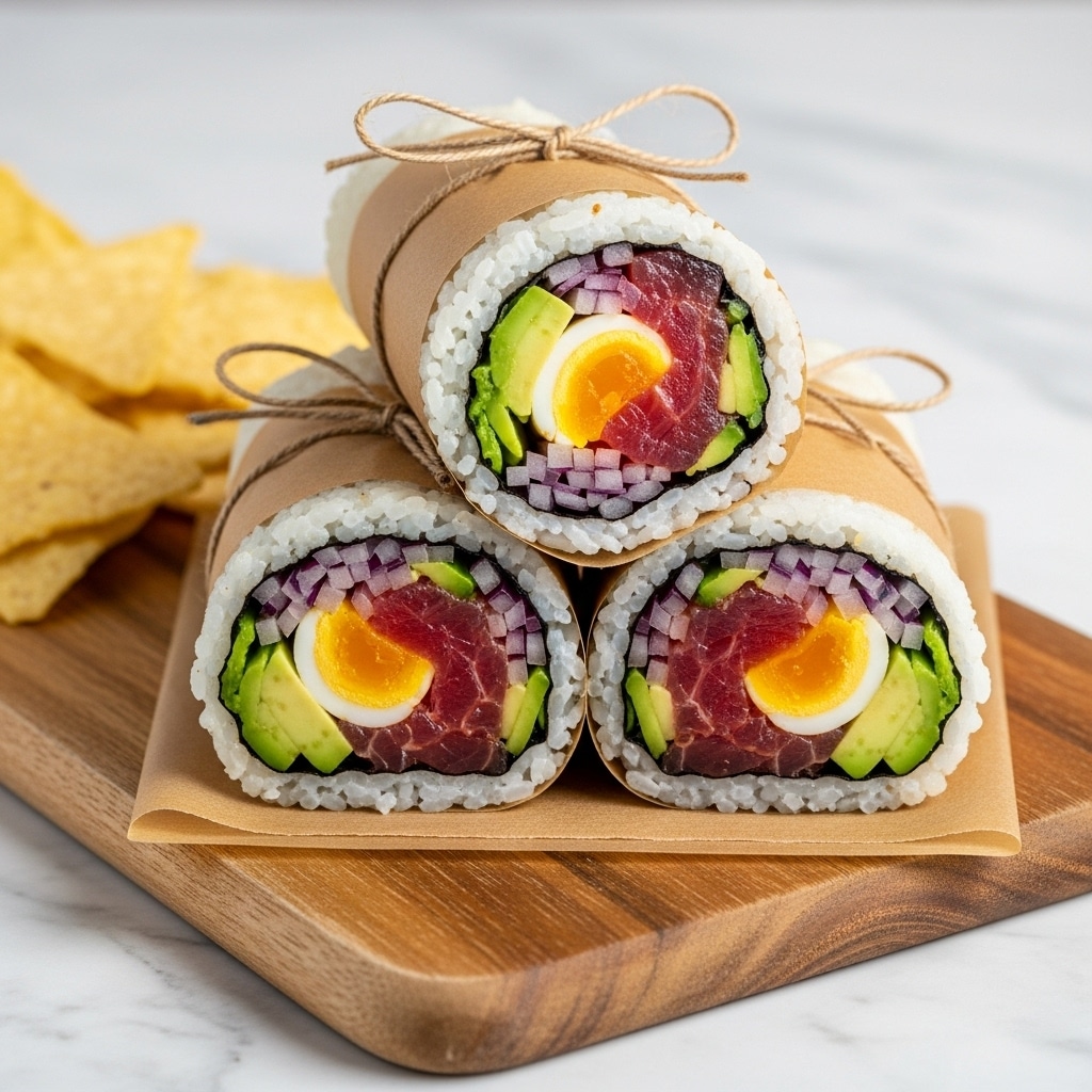 Three sushi burritos are placed on a wooden board on a white marbled surface. Each burrito is wrapped in brown paper tied with string, showing three layers inside: a first outer layer of white rice with a slightly sticky texture, an inner layer of dark green seaweed, and a colorful core including red raw fish chunks, green cucumber slices, yellow egg strips, and small bits of purple onion all tightly packed together. To the left of the burritos, there is a small pile of light yellow tortilla chips with a crisp texture. The background is softly blurred, focusing the viewer's attention on the sushi burritos. photo taken with an iphone --ar 4:5 --v 7