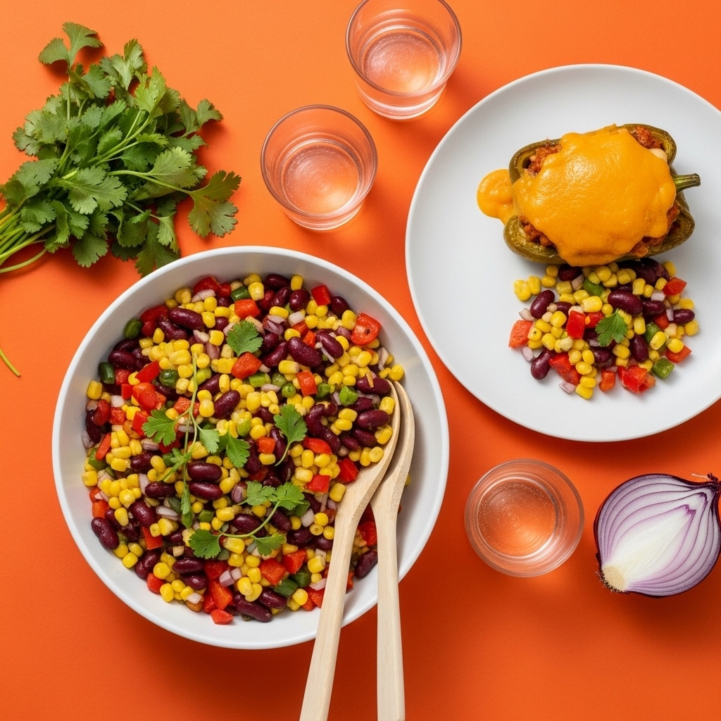 A bright and colorful dish showing a white bowl filled with a mix of black beans, yellow corn, red bell peppers, and chopped onions, resting on a white marbled surface. The bowl is garnished with some green herbs, and two wooden spoons rest inside it. Nearby, a white plate holds a serving of the same bean and corn mix along with a baked yellow pepper topped with melted cheese. The background is a solid vibrant orange, and also visible are two clear glasses of water, half of a red onion, and some fresh green cilantro leaves placed around the dishes. Photo taken with an iphone --ar 4:5 --v 7