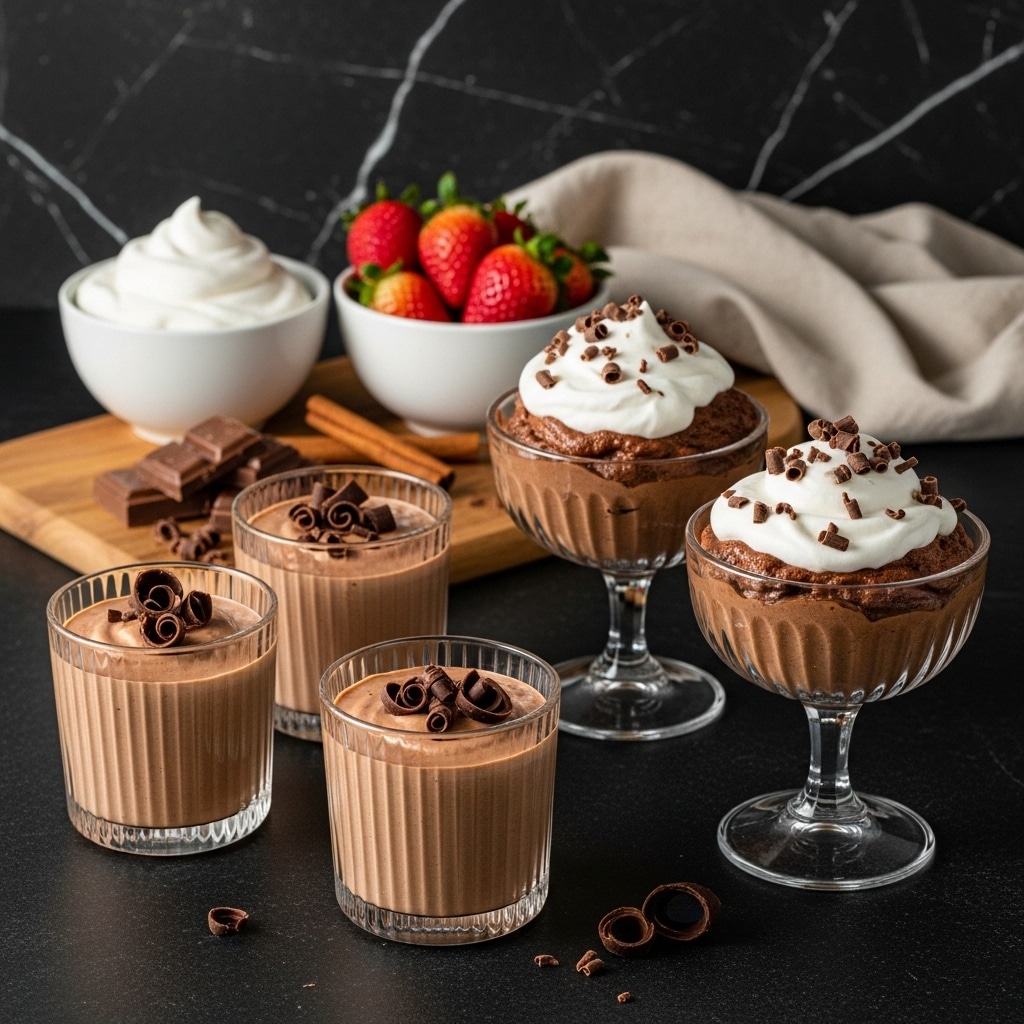 Four small glasses and one small glass bowl hold creamy light brown chocolate mousse. Two of the glasses and the small glass bowl have a dollop of white whipped cream on top, each topped with thin dark brown chocolate shavings. The remaining two glasses show the mousse topped with a small pile of chocolate shavings. In the background, on a wooden board, there are cinnamon sticks, blocks of dark chocolate, and loose chocolate shavings scattered around, next to a white bowl filled with whipped cream and a white bowl filled with bright red strawberries. The scene is set on a dark surface with a white marbled texture background. photo taken with an iphone --ar 4:5 --v 7