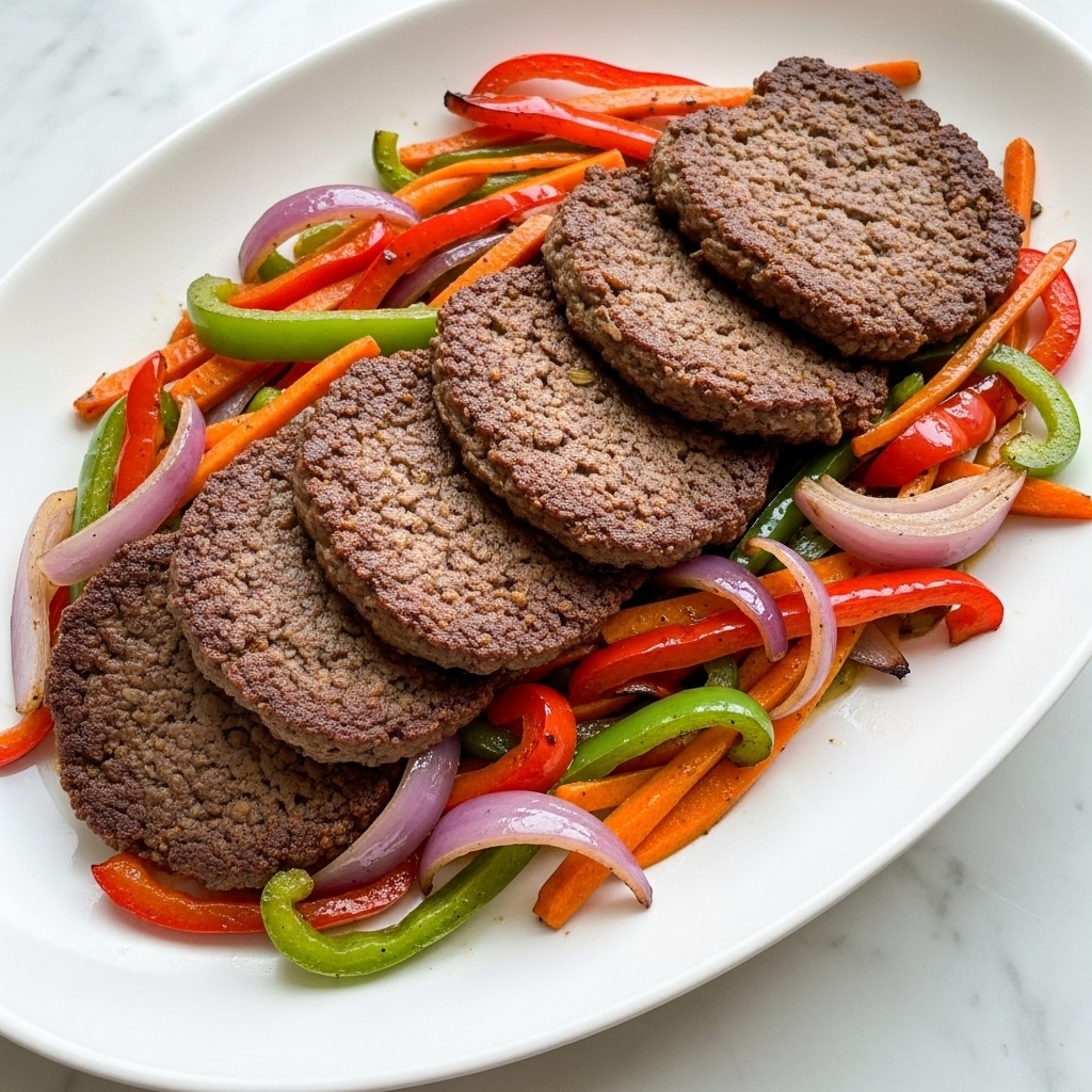 A white oval plate holds a dish with five large brown, textured slices layered on top of each other, each piece showing a rough surface. Mixed among and beneath the slices are sautéed strips of red and green bell peppers, thinly sliced orange carrots, and light purple onion pieces, all glossy with oil and slightly charred edges. The colorful vegetables add bright reds, greens, oranges, and purples around and under the brown slices, creating a balanced mix of warm colors. The dish is presented on a white marbled surface. photo taken with an iphone --ar 4:5 --v 7