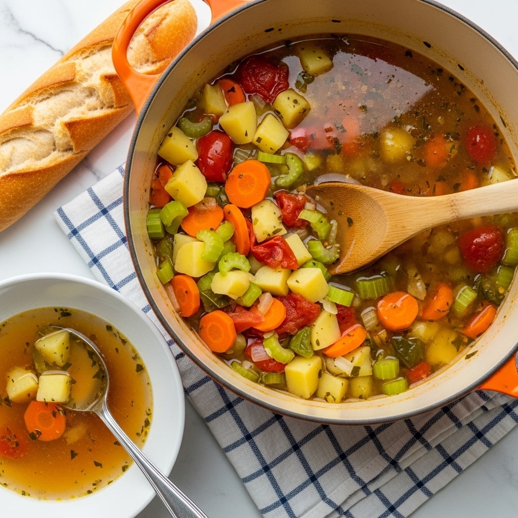 A large white pot filled with chunky vegetable soup sits on a wooden surface with a white marbled texture. The soup has visible layers of diced yellow potatoes, orange carrot slices, green celery pieces, and small red tomato chunks in a clear, herb-speckled broth. A light wooden spoon rests inside the pot stirring the soup. Next to the pot is a white plate holding a silver spoon, and a piece of crusty bread lies beside the plate on a blue and white checkered cloth. photo taken with an iphone --ar 4:5 --v 7