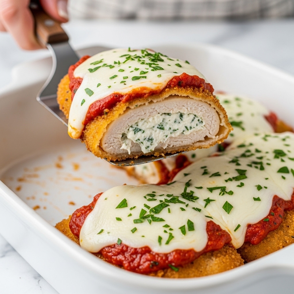 A close-up view of a piece of breaded and fried roll, cut in half to show a creamy white cheese filling with green herbs inside. The roll is covered with a layer of red tomato sauce and melted white cheese with green herb sprinkles on top. The piece is held by a metal spatula, lifting it from a white baking dish filled with similar rolls that have the same layers of breaded crust, red sauce, and melted cheese. A woman's hand with purple nail polish is holding the spatula. The background has a white marbled texture. photo taken with an iphone --ar 4:5 --v 7