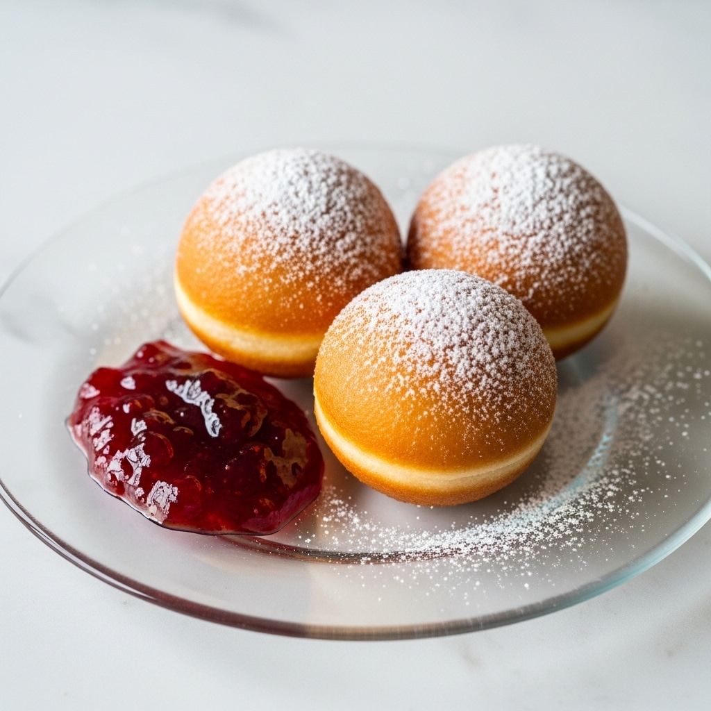 The image shows three round, golden brown pastries that have a smooth, slightly shiny surface, dusted with a thin layer of powdered sugar, arranged closely together on a clear glass plate. To the left of the pastries on the plate is a small amount of red jam with a glossy, thick, and slightly textured look. The plate rests on a white marbled texture. Photo taken with an iphone --ar 4:5 --v 7