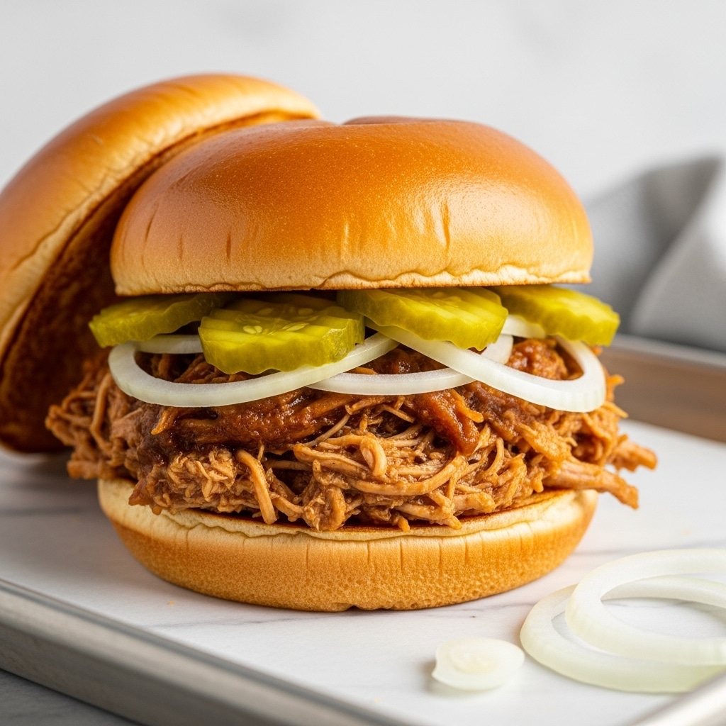 A sandwich with a soft, lightly browned top bun sits on a baking tray lined with parchment paper over a white marbled surface. Inside the sandwich, there is a layer of shredded, saucy chicken with a glossy texture. On top of the chicken, there are three round, pale green pickle slices arranged side by side, and a few thin rings of white onion layer over the pickles. To the side on the baking tray, there are some loose white onion rings and pickle slices. In the background, a terracotta-colored dish is partially visible. photo taken with an iphone --ar 4:5 --v 7