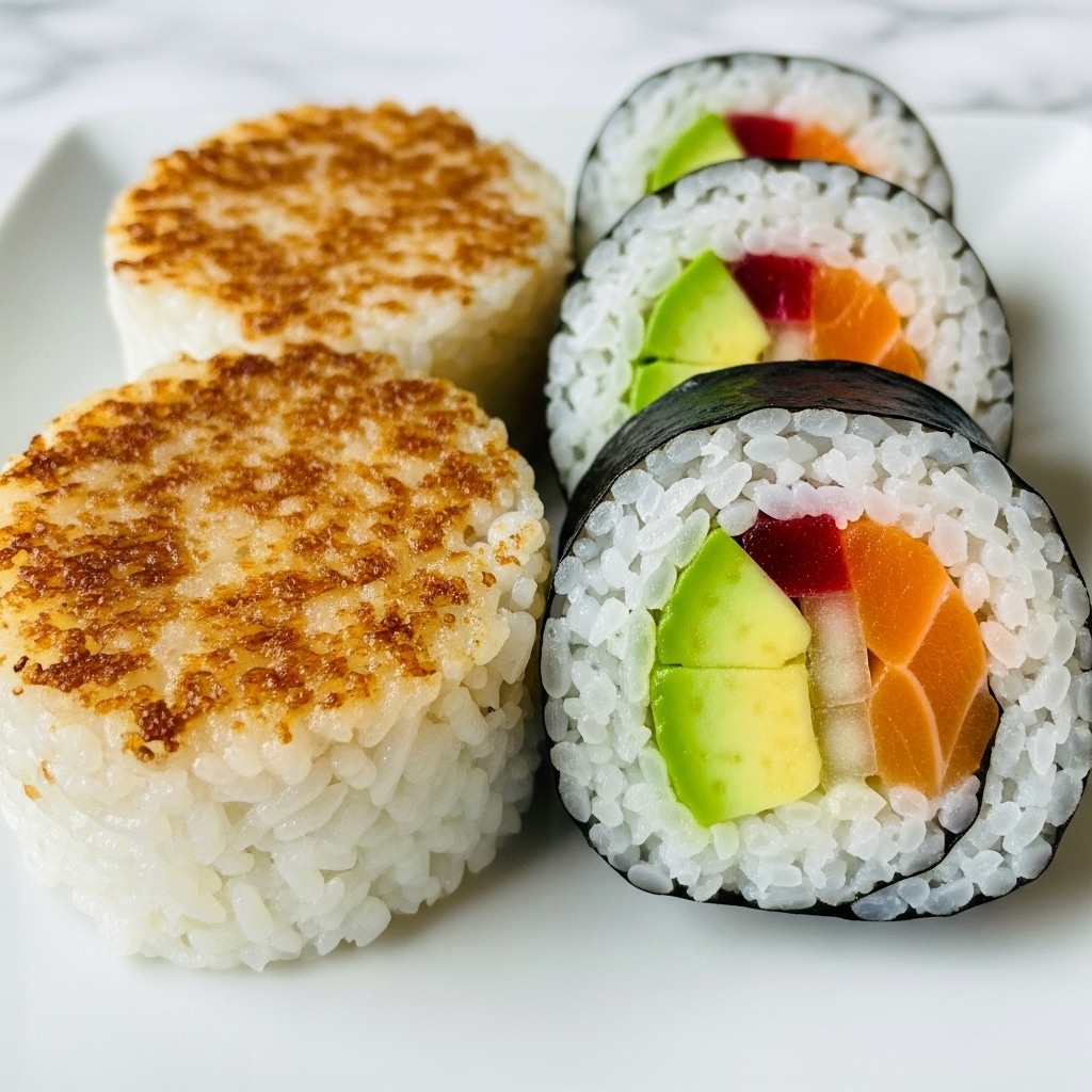 The image shows four sushi-like rice sandwiches arranged on a white plate with a white marbled surface. Each piece has three layers: a white rice layer at the bottom with a toasted, browned texture on half of it, a middle filling made of thin yellow and green slices that appear to be vegetables or fruit, and a wrapping of dark green seaweed or nori around the rice and filling, except for the two grilled pieces where the seaweed is not visible. The pieces are cut in half vertically or horizontally, showing the clean layers inside. The overall look is neat, colorful, and appetizing. photo taken with an iphone --ar 4:5 --v 7