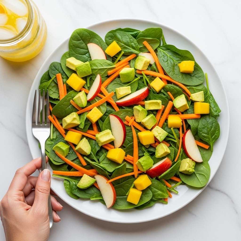 A white plate holds a fresh salad with a mix of green spinach leaves, chunks of yellow mango, small pieces of red-skinned apple, and thin orange carrot strips scattered throughout. The salad looks lightly dressed, giving the leaves a slight shine. To the left of the plate, a fork with a white handle rests on the edge. Next to the plate, there is a glass jar filled with a light yellow drink and ice cubes. The whole setup is on a white marbled surface, giving a clean and bright look. photo taken with an iphone --ar 4:5 --v 7