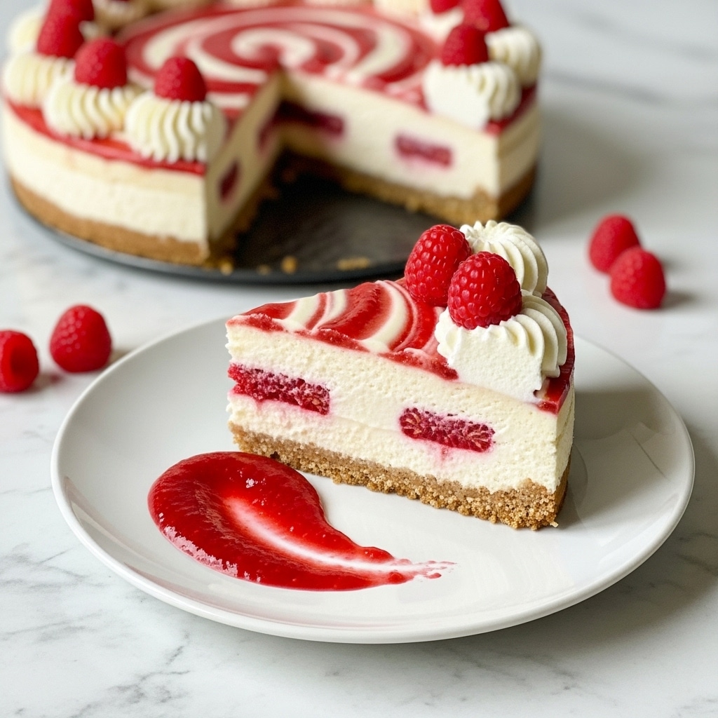 A slice of cheesecake sits on a white plate with a thick, light brown crust layer at the bottom, topped by a smooth, creamy white cheese layer, and finished with red raspberry sauce swirled on top. The slice is decorated with a dollop of white whipped cream crowned with a single raspberry, and there are three additional whole raspberries near the front edge. Beside the cheesecake on the plate, there is a broad swipe of vibrant red sauce. In the background, the remaining cheesecake with the same three-layer structure and red sauce swirls is visible on a round pan, all set on a white marbled surface. Photo taken with an iphone --ar 4:5 --v 7