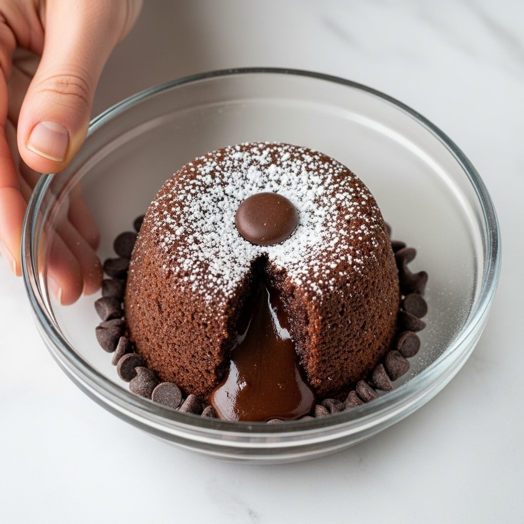 A small, round chocolate lava cake sits in the middle of a clear glass bowl placed on a white marbled surface. The cake is dark brown with a soft, moist texture, and the top is slightly cracked with glossy melted chocolate visible inside. A single chocolate ball rests on top of the cake, while several chocolate chips are scattered around its base. The edges of the cake have a light dusting of white powdered sugar. On the left side, a woman's hand is gently holding the edge of the bowl. Photo taken with an iphone --ar 4:5 --v 7
