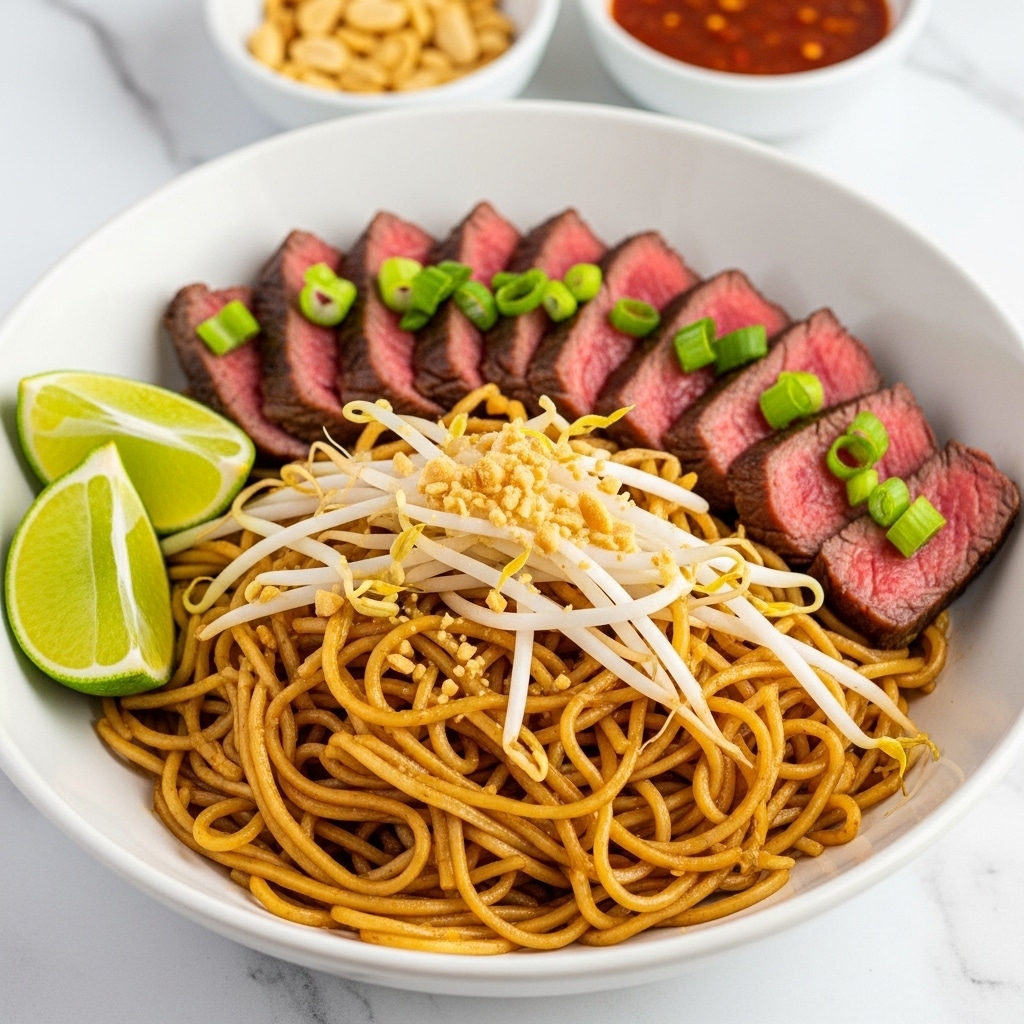 A white bowl holds a bed of light brown stir-fried noodles mixed with white bean sprouts scattered on top and around the noodles. On the noodles lies a layer of thinly sliced medium-rare steak with a pink center and dark seared edges, sliced evenly and fanned out across the noodles. The steak is sprinkled with chopped green onions and toasted peanuts for texture and color contrast. Two bright green lime wedges rest on the side of the noodles in the bowl. Two small white bowls sit in the background on a white marbled surface, one containing a light brown peanut mixture and the other holding a reddish-orange sauce. Photo taken with an iphone --ar 4:5 --v 7