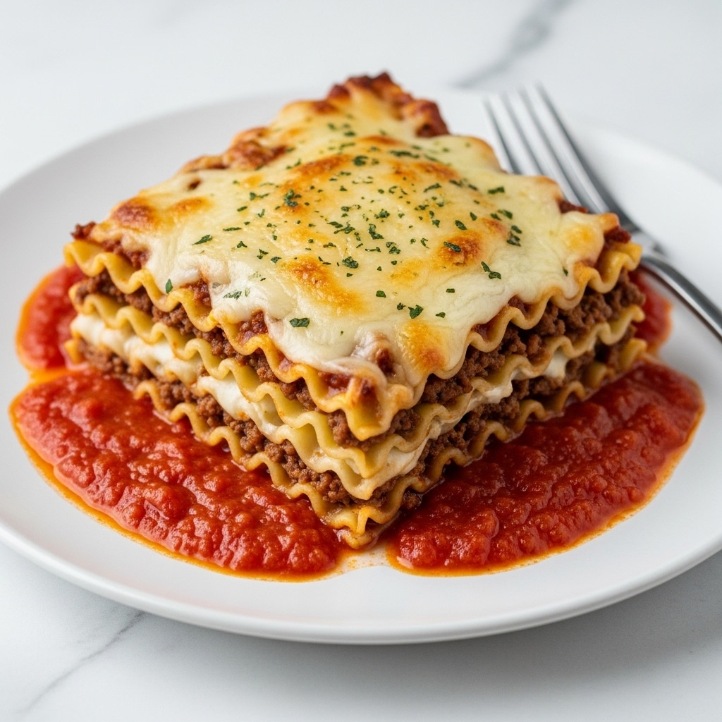 A single thick piece of lasagna sits in the center of a white plate, layered five times with wavy golden pasta sheets, rich red tomato meat sauce, and creamy white cheese. The top layer is covered in melted, slightly browned cheese sprinkled with small green herb bits. The lasagna is surrounded by a pool of chunky red tomato sauce, slightly glossy, with a shiny silver fork resting near the edge of the plate. The background is a white marbled surface. photo taken with an iphone --ar 4:5 --v 7