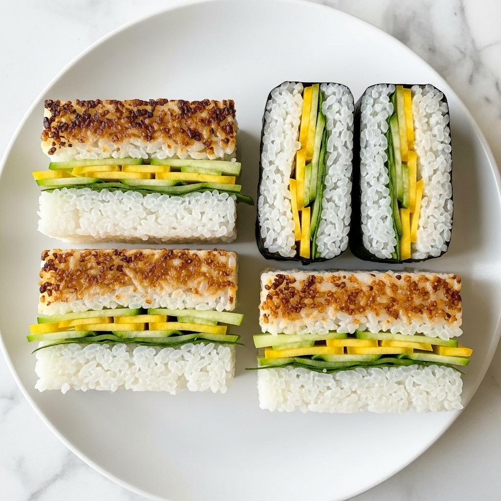 The image shows four pieces of sushi on a white plate against a white marbled surface. Two of the pieces are round rice sandwiches with a crispy, browned rice layer on top and plain white rice on the bottom. The other two pieces are wrapped in dark seaweed with visible white rice inside, surrounding bright layers of avocado green, orange, and a thin red strip, indicating the filling. The sushi pieces are arranged close together, with some of the cross-sections facing forward, clearly showing the colorful ingredients inside. photo taken with an iphone --ar 4:5 --v 7