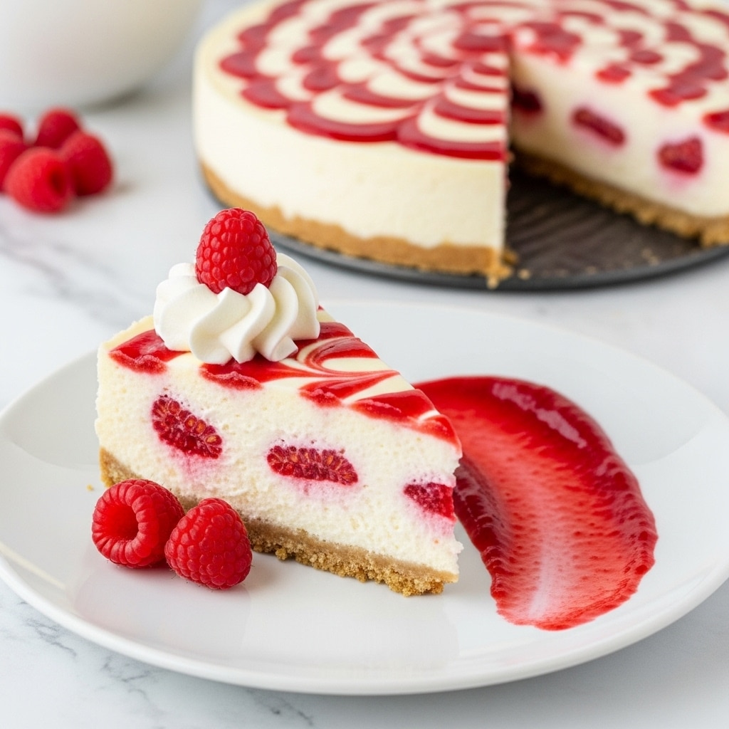 A slice of three-layer cheesecake is placed on a white plate on a white marbled surface. The bottom layer is a crumbly light brown crust, the middle layer is thick, smooth, and white cheesecake, and the top layer is creamy white with red raspberry sauce swirled on top. The slice is decorated with a swirl of white whipped cream and three fresh raspberries on top. Next to the slice on the plate is a red raspberry sauce smear. In the background, the rest of the cheesecake with the same layers and topping sits on a grey pan. photo taken with an iphone --ar 4:5 --v 7