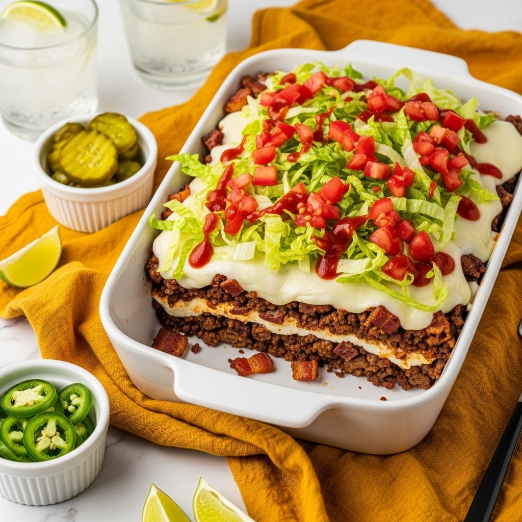 A rectangular white dish filled with layers starting with cooked ground beef mixed with small crispy bacon pieces covering the bottom, topped evenly with melted cheese, followed by shredded lettuce and chopped fresh tomatoes scattered on top. Drizzled over the whole dish are thin lines of bright red sauce. The dish is placed on a white marbled surface with a mustard-yellow cloth underneath. Surrounding the dish are a small white bowl with sliced jalapeños, a white cup with pickles, and two glasses with lime wedges floating inside. photo taken with an iphone --ar 4:5 --v 7