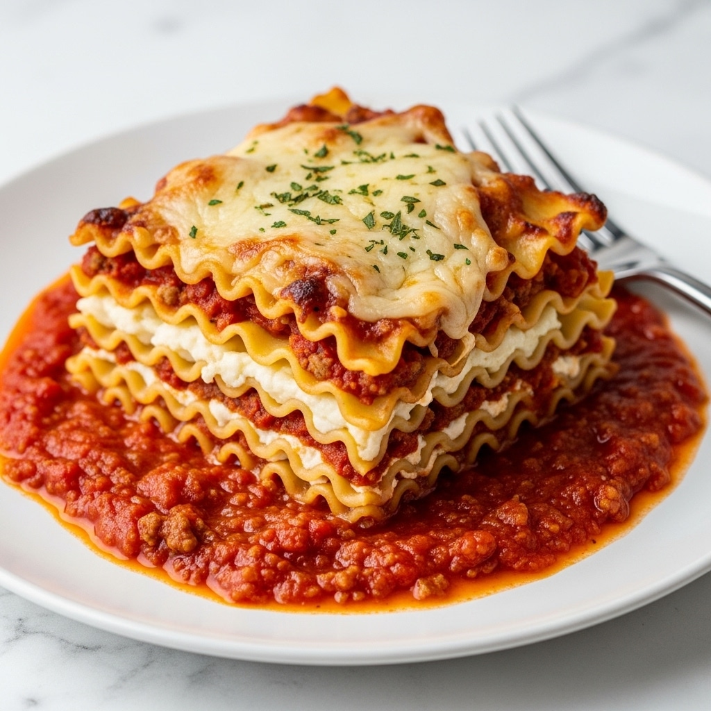 A square piece of lasagna sits on a white plate, showing four visible layers of wavy pasta separated by layers of rich brown meat sauce and melted cheese. The top layer is covered with bubbly, golden melted cheese sprinkled with small bits of green herbs. Around the lasagna, there is a thick, bright red tomato sauce pooling on the plate. A fork rests on the right side of the plate on a white marbled surface. Photo taken with an iphone --ar 4:5 --v 7