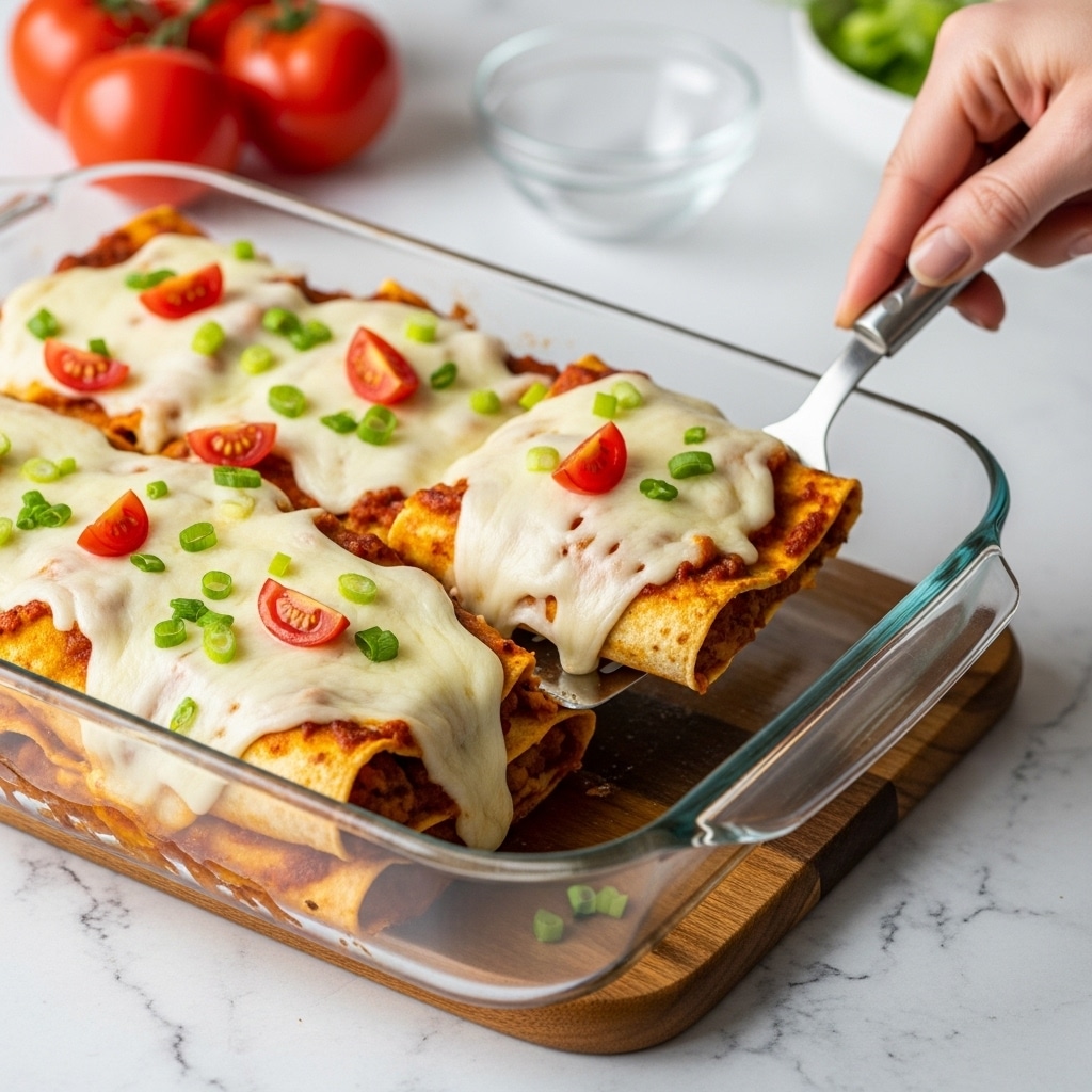 The image shows a clear glass baking dish filled with a baked dish that has two visible layers. The bottom layer appears to be a mixture of cooked ingredients with a brownish tone, possibly shredded meat or beans. The top layer is covered with melted white cheese, spread evenly, bubbling slightly on the edges. On top of the cheese, there are small pieces of bright red diced tomatoes and chopped green onions scattered all over. A silver serving spoon held by a woman's hand is scooping a portion, lifting the soft, creamy cheese layer. The dish is placed on a white marbled surface, and there are red tomatoes blurred in the background. Photo taken with an iphone --ar 4:5 --v 7