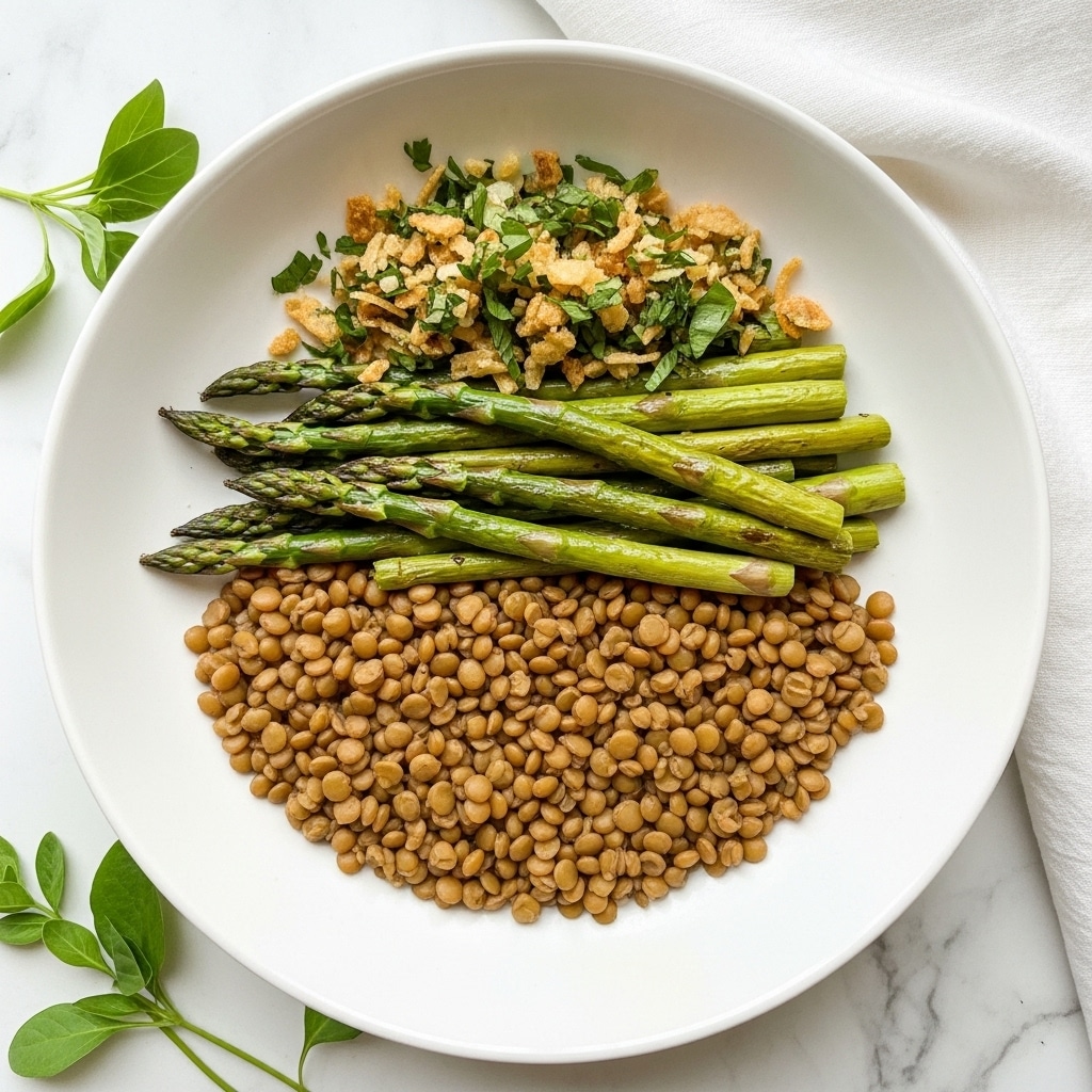A white bowl on a white marbled surface holds a layered dish. The bottom layer is made of small, round lentils in light brown and tan colors. On top of this is a layer of roasted asparagus pieces, green with some darker charred spots. The top layer is a small pile of thin, golden-brown fried shallots mixed with some chopped green herbs, giving a touch of freshness. A few scattered whole green herb leaves add extra color on top and around. Photo taken with an iphone --ar 4:5 --v 7