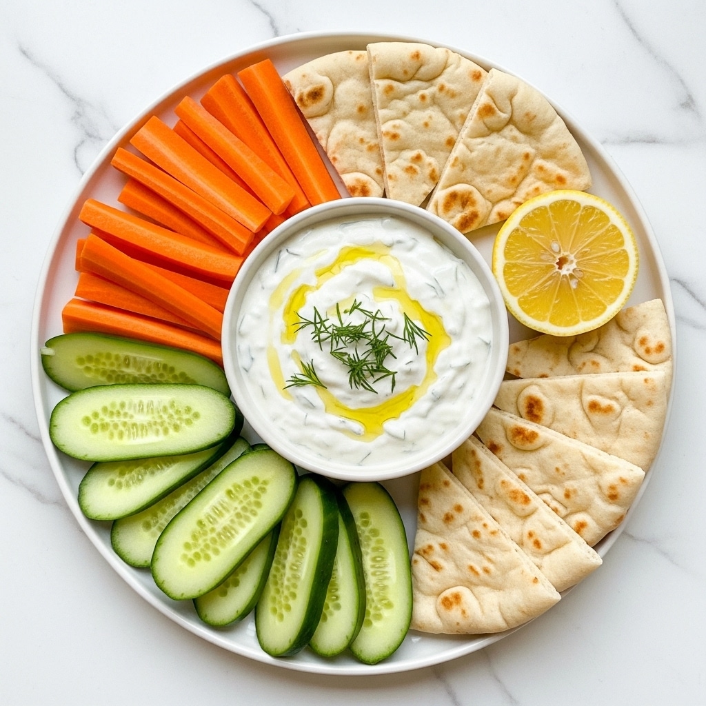 A white round plate on a white marbled surface holds a bowl of thick, creamy white dip with green herb flakes and light yellow oil drops on top, garnished with fresh dill. Around the bowl, on the left are bright orange carrot sticks stacked in two layers, below them are three slices of green cucumber with pale insides, on the right are several pieces of white pita bread cut into triangles, and a halved yellow lemon sits in front of the bread. photo taken with an iphone --ar 4:5 --v 7