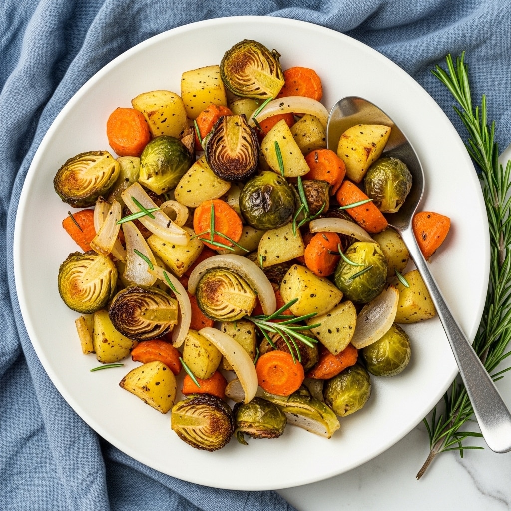 The image shows a white plate filled with several layers of roasted vegetables. The bottom layer has golden brown roasted small potatoes with a crispy skin, followed by bright orange carrot slices and caramelized onions with a slightly translucent and browned texture. On top, there are halves of Brussels sprouts with charred edges and deep green to brown coloring. Sprigs of fresh rosemary are scattered across the vegetables, adding a green contrast to the warm colors. To the left side of the plate, a silver spoon rests, partially filled with some roasted potatoes and carrots. The plate is placed on a white marbled surface, with a blue cloth and fresh rosemary sprigs in the background. photo taken with an iphone --ar 4:5 --v 7