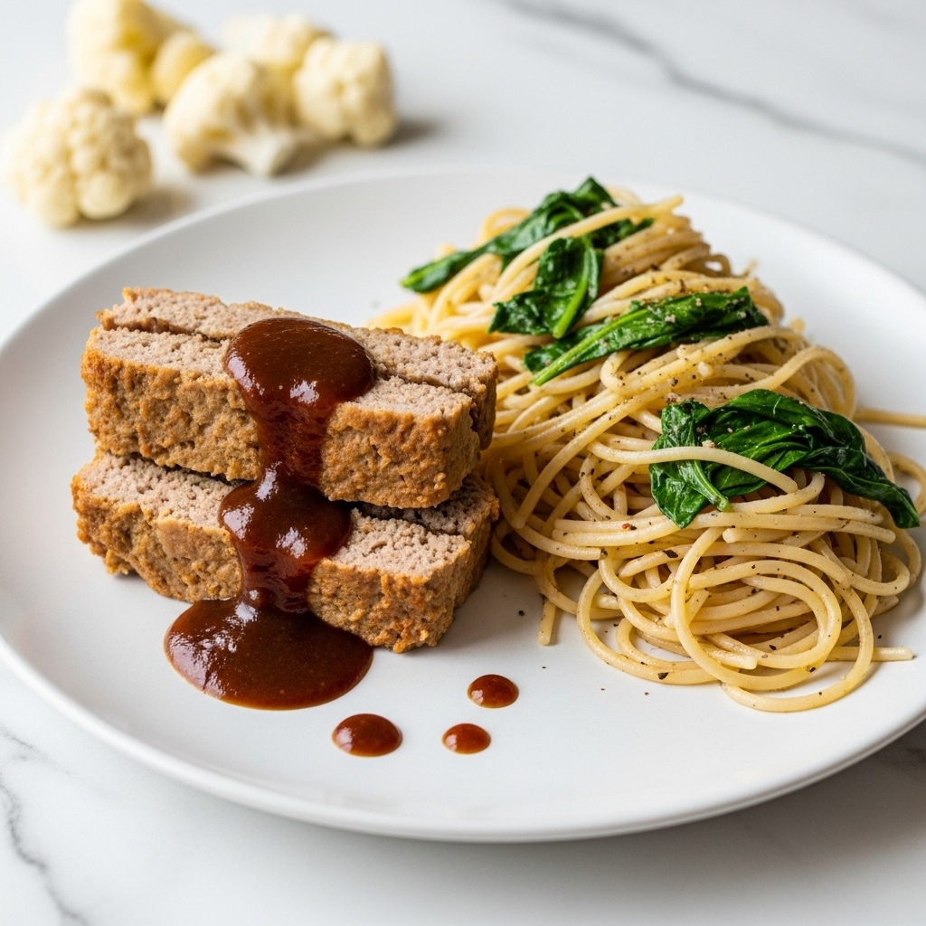 A white plate on a white marbled surface holds a serving of meatloaf and spaghetti. The meatloaf is cut into two pieces, with a thick layer of glossy, dark brown sauce on top and some sauce drizzled on the plate next to it. The meatloaf has a crumbly brown texture inside. Next to it, there is a pile of spaghetti mixed with green spinach leaves, light in color with a soft texture. In the background, a small portion of mashed potatoes is barely visible on the edge of the plate. Photo taken with an iphone --ar 4:5 --v 7