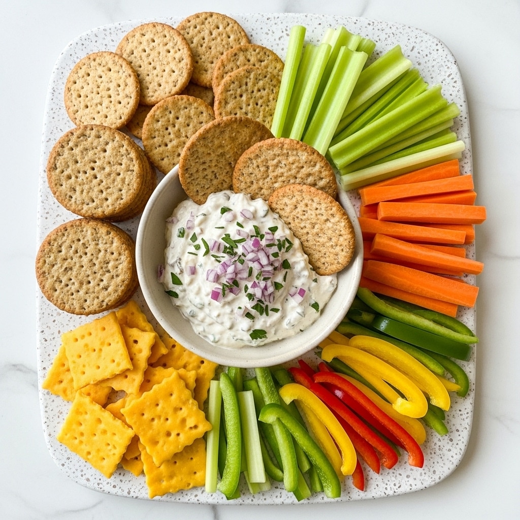 The image shows a serving platter with a small beige bowl in the center filled with a creamy dip mixed with chopped red onion and herbs, topped with a sprinkle of green herbs. Around the bowl, there are three whole round crackers partly placed inside the dip, with more of the same crackers stacked on the bottom left side. Above the crackers, there are square-shaped crinkle chips with a golden-yellow color. On the right side of the bowl, a mix of fresh vegetable sticks including bright orange carrot sticks, green celery sticks, and a mix of red, yellow, and green bell pepper strips are neatly arranged in a fan shape. The platter is placed on a white marbled surface. photo taken with an iphone --ar 4:5 --v 7