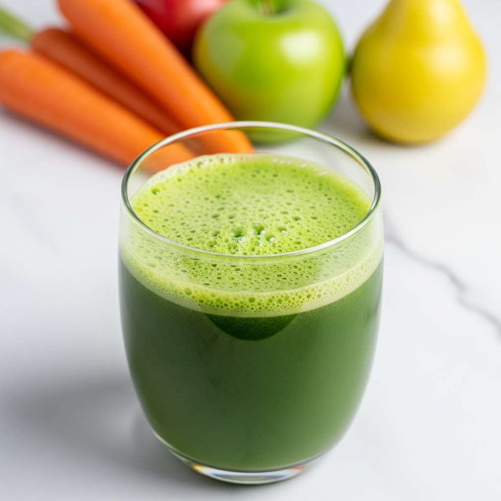 A clear glass filled with bright green juice showing a smooth, thick liquid with light foam on top. Behind the glass, there are two orange carrots and a green apple on a white marbled surface, adding a fresh feeling. The focus is on the glass with blurred fruits in the background. Photo taken with an iphone --ar 4:5 --v 7