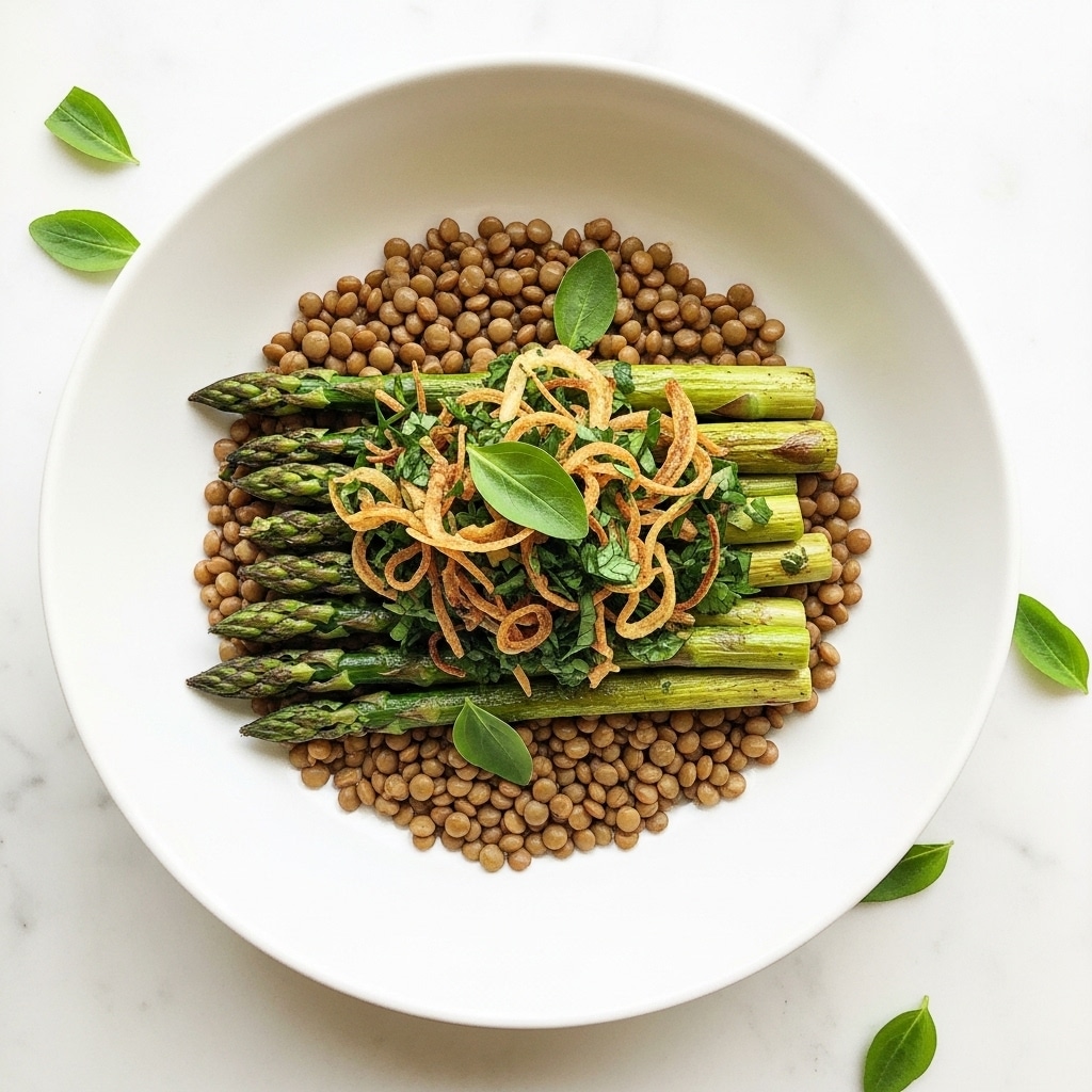 A white bowl filled with three main layers: the bottom layer is light brown cooked lentils, the middle layer is roasted green asparagus pieces, and the top layer is a small pile of light golden brown fried shallots mixed with bits of green herbs. The bowl is placed on a white marbled surface with some green herb sprigs nearby, and a white cloth is partially visible on the top right corner. photo taken with an iphone --ar 4:5 --v 7