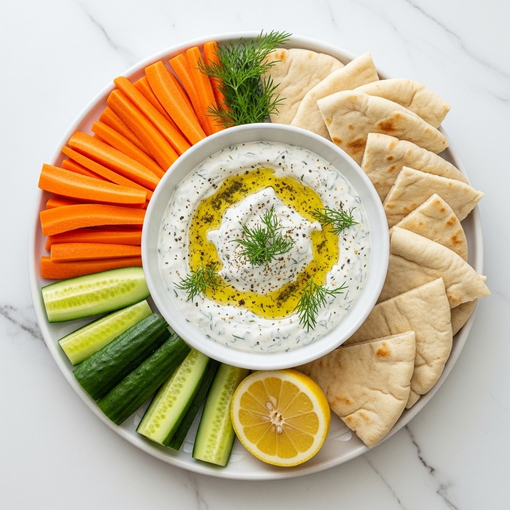 A round white plate with a small bowl of thick white tzatziki sauce topped with a few small green dill sprigs and a drizzle of olive oil in the center; around the bowl are bright orange carrot sticks stacked on the left, several slices of green cucumber with pale centers below, triangular pieces of white pita bread to the right, and half a bright yellow lemon placed near the pita, all set on a white marbled surface. photo taken with an iphone --ar 4:5 --v 7