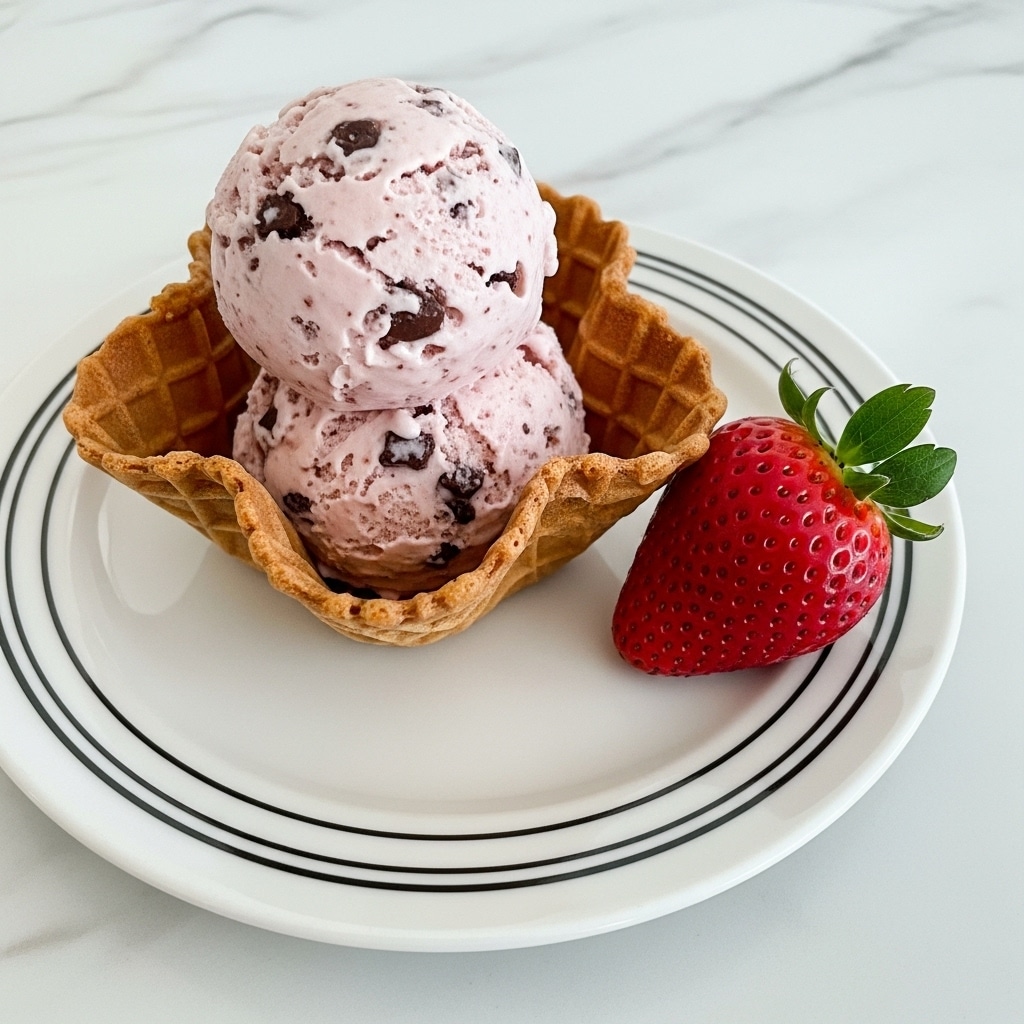 A dessert is served in a white bowl with dark stripes on its edges placed on a white marbled surface. The dessert has a thick crust cup that is brown and slightly wrinkled around the edges, filled with a light pink creamy mixture that appears fluffy and contains small dark brown pieces. To the left of the crust cup, there is a whole fresh strawberry with bright red skin and green leafy top resting directly on the bowl. photo taken with an iphone --ar 4:5 --v 7