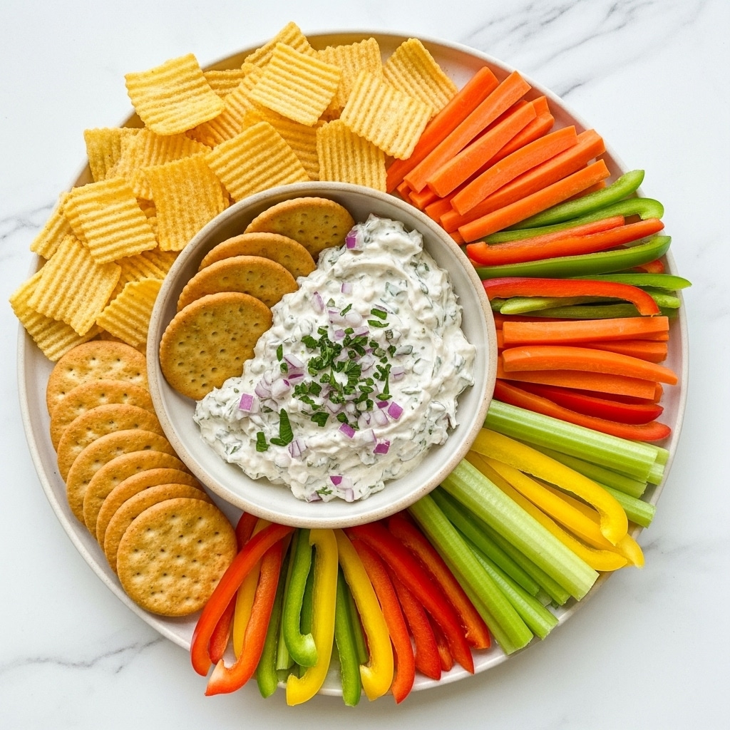 The image shows a light beige speckled serving board with a small bowl in the center filled with a creamy dip mixed with small pieces of red onion and herbs on top. Around the bowl, there are three round whole grain crackers partially leaning inside the bowl. To the left of the bowl, there are two stacks of round whole grain crackers and wavy square yellow cheese crackers. On the right side, there are fresh raw vegetable sticks arranged neatly in rows, including bright green celery, orange carrot, and a mix of red, yellow, and green bell pepper strips. The board is set on a white marbled surface. photo taken with an iphone --ar 4:5 --v 7