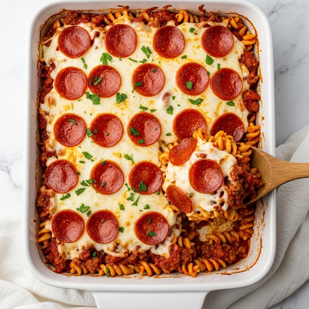 The image shows a white rectangular baking dish filled with a baked pasta dish. The bottom layer consists of penne pasta covered in a thick, red tomato sauce mixed with browned ground meat. Above the pasta is a thick melted layer of white cheese, likely mozzarella, that stretches softly over the pasta. Scattered on top are round, shiny pepperoni slices that have curled slightly from baking, adding a deep red color and glossy texture. Small green bits of chopped parsley are sprinkled over the entire dish, adding a fresh touch. A wooden spoon on the right side scoops up a portion showing the layered pasta, sauce, meat, and cheese clearly. The background is a white marbled surface with a white cloth nearby. Photo taken with an iphone --ar 4:5 --v 7