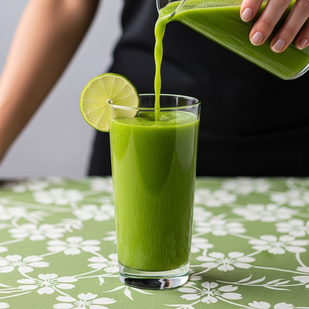 A tall clear glass filled with a bright green juice, smooth in texture with no visible bubbles or foam. A thin slice of lime is placed on the rim of the glass, slightly tilted outward. The glass is set on a green tablecloth with a white floral pattern. The background is a plain light wall, and there is a green leaf partially visible at the top left corner. photo taken with an iphone --ar 4:5 --v 7